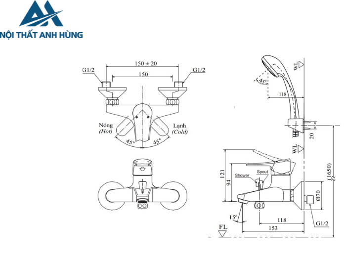 Bộ vòi sen tắm nóng lạnh INAX BFV-1003S-2C