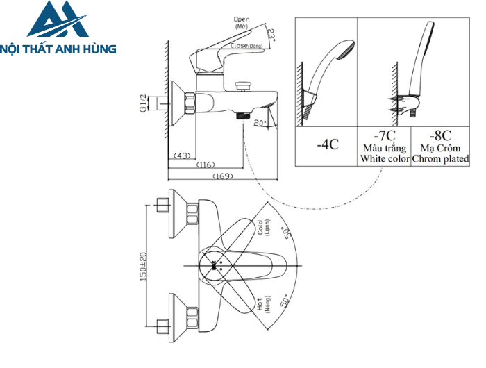 Bộ vòi sen tắm nóng lạnh INAX BFV-1113S-8C