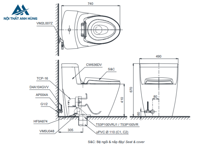 Bồn cầu 1 khối TOTO MS636DT2 nắp đóng êm TC393VS