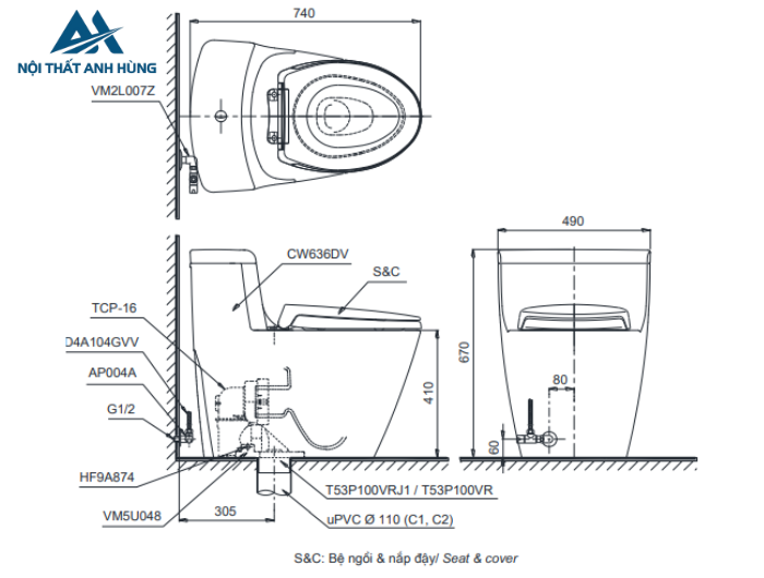 Bồn cầu 1 khối TOTO MS636DT8 nắp đóng êm TC600VS