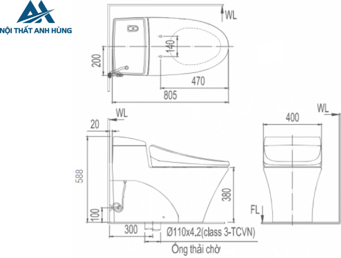 Bồn Cầu INAX AC-1008VRN 1 Khối Aqua Ceramic Xả Nhấn