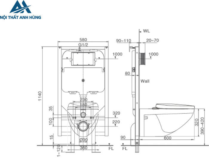 Bồn Cầu INAX AC-23PVN Treo Tường Thùng Nước Âm