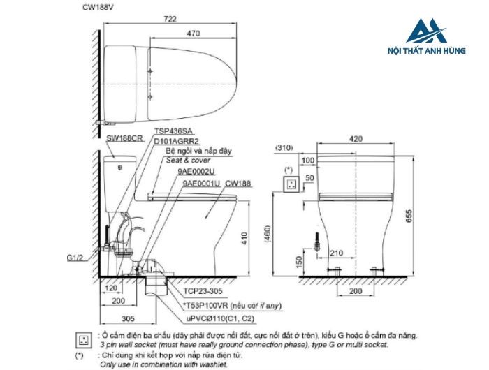 Bồn Cầu TOTO MS188VKW11 1 Khối Nắp Điện Tử Washlet