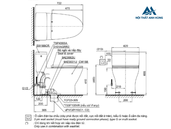 Bồn cầu TOTO MS188VKW14 1 khối nắp điện tử Washlet