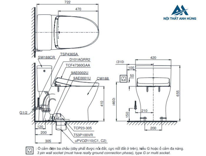 Bồn cầu TOTO MS188VKW23 1 khối nắp điện tử Washlet S7