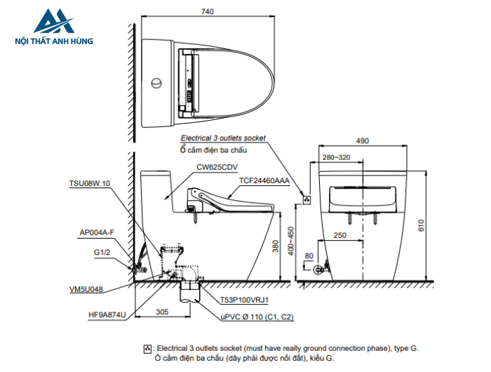 Bồn cầu TOTO MS625CDW15 1 khối nắp điện tử Washlet C5