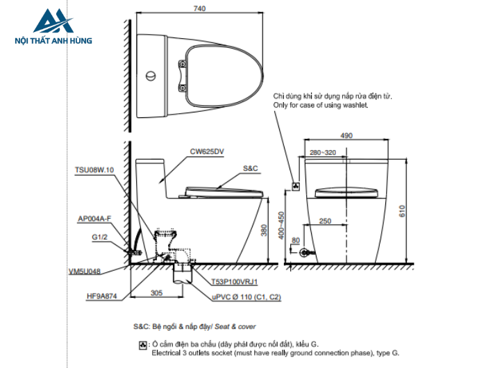 Bồn cầu TOTO MS625DW14 1 khối nắp điện tử Washlet C5