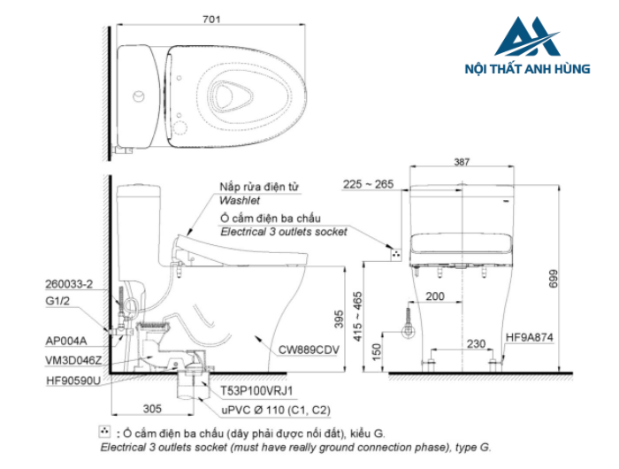 Bồn cầu TOTO MS889CDRW15 1 khối nắp điện tử Washlet