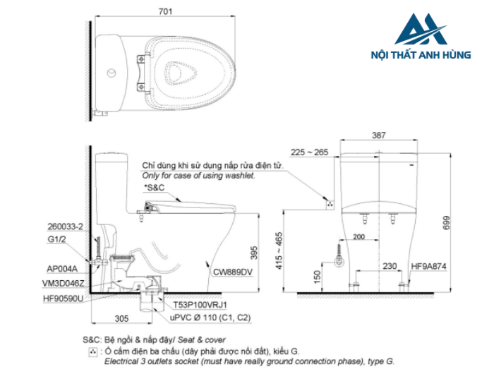 Bồn cầu TOTO MS889DRW14 1 khối nắp điện tử Washlet