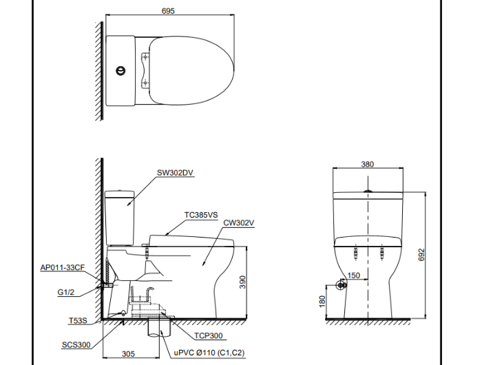 Bồn Cầu 2 Khối TOTO CS302DT3 Nắp Êm TC385VS