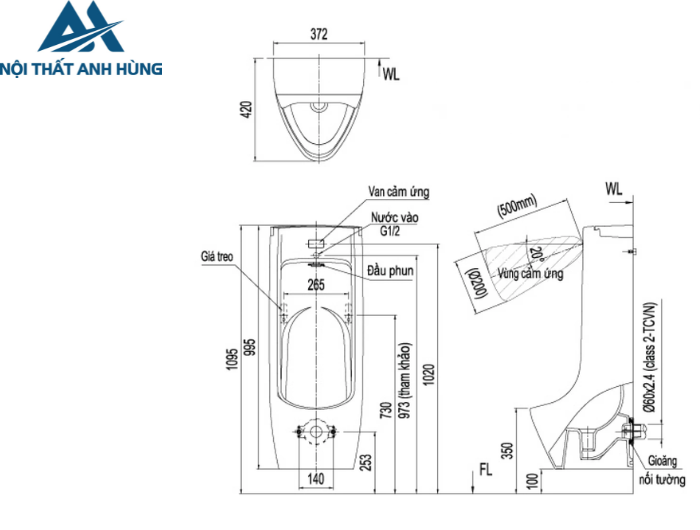 Bồn Tiểu Nam Inax ASU-500V Cảm Ứng Tự Động