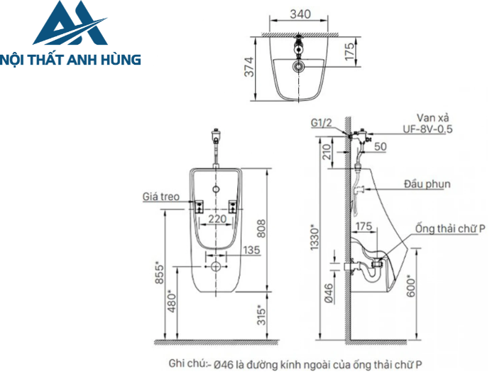 Bồn Tiểu Nam Inax AU-468V Treo Tường AquaCeramic 0.5L