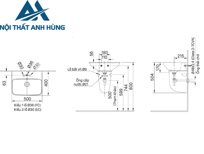 Chậu Lavabo Inax AL-289V/L-288VC Chân Treo Tường Aqua Ceramic