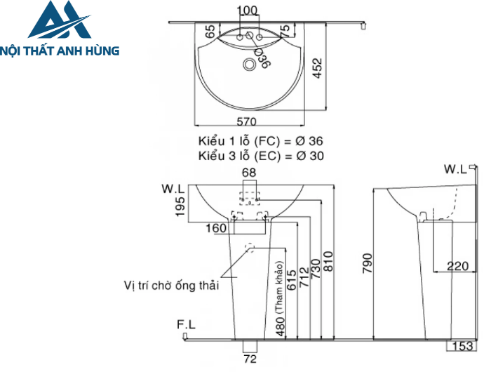 Chậu Lavabo Inax L-288V/L-288VD Treo Tường Kèm Chân Dài