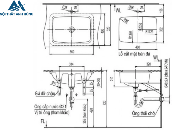 Chậu Rửa Lavabo Inax L-2298V Âm Bàn Chữ Nhật