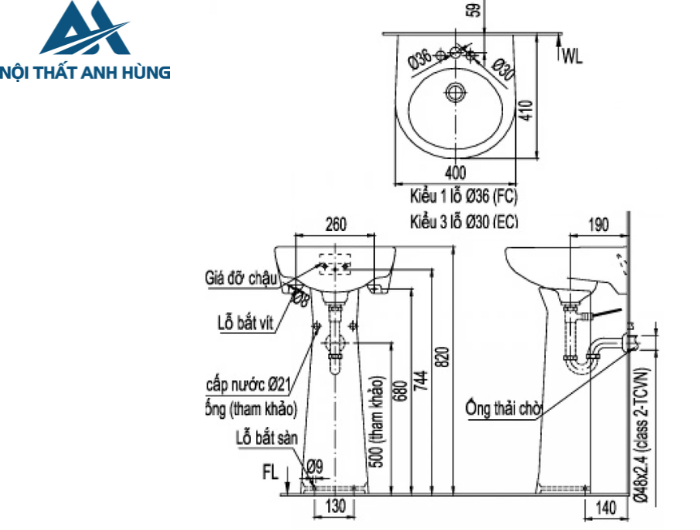 Lavabo Treo Tường Inax L-282V/L-284VD Kèm Chân Đứng