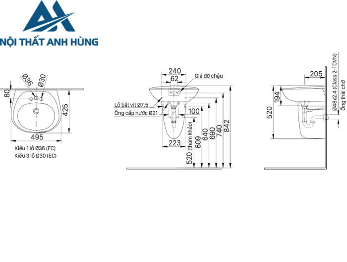 Lavabo Treo Tường Inax L-284V/L-284VC Chân Ngắn