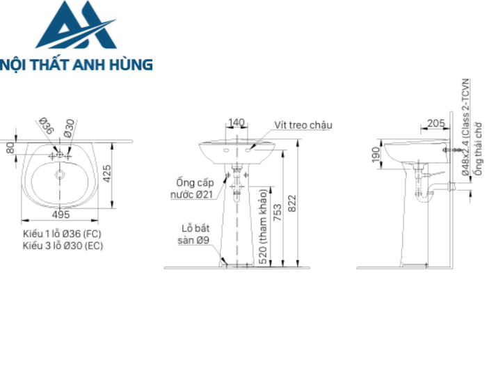 Lavabo Treo Tường Inax L-284V/L-284VD Kèm Chân Dài