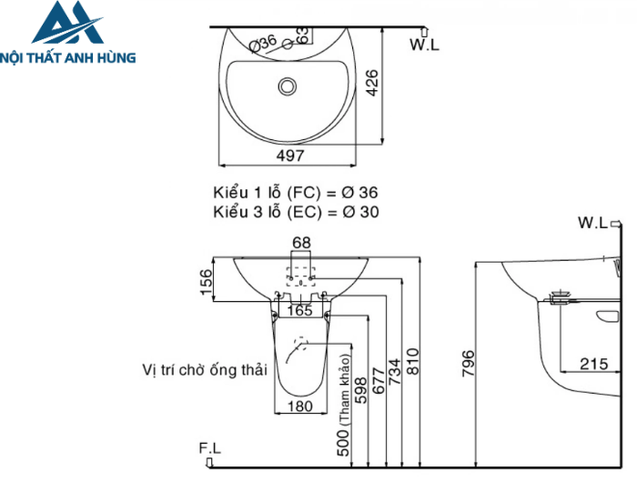 Lavabo Treo Tường Inax L-285V/L-288VC Chân Ngắn