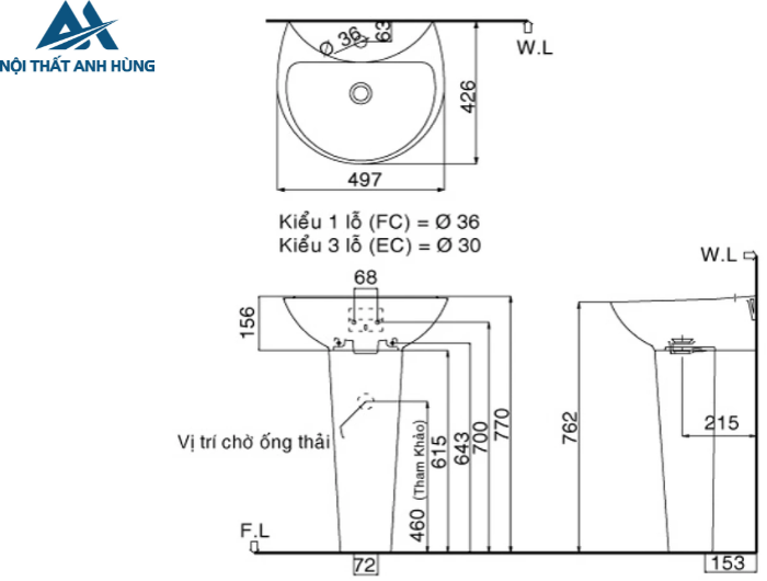 Lavabo Treo Tường Inax L-285V/L-288VD Kèm Chân Đứng