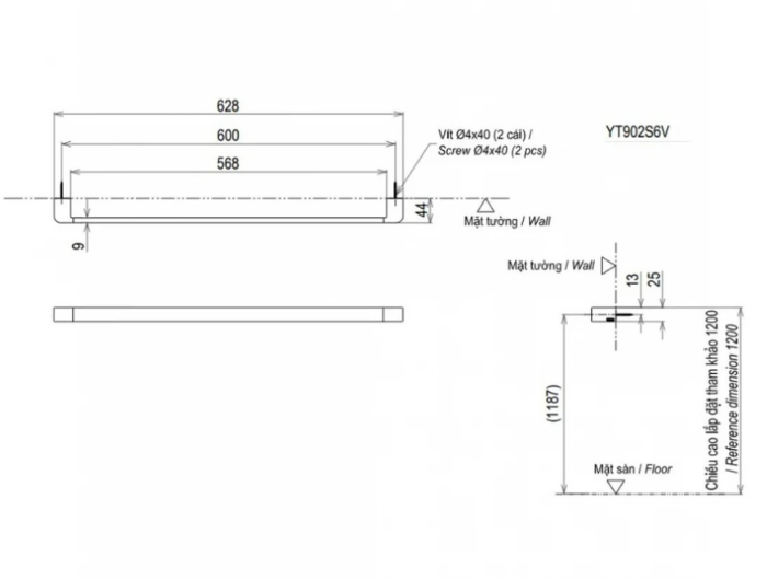 Thanh Vắt Khăn TOTO YT902S6V#BGP Màu Xám Than Chì Mờ