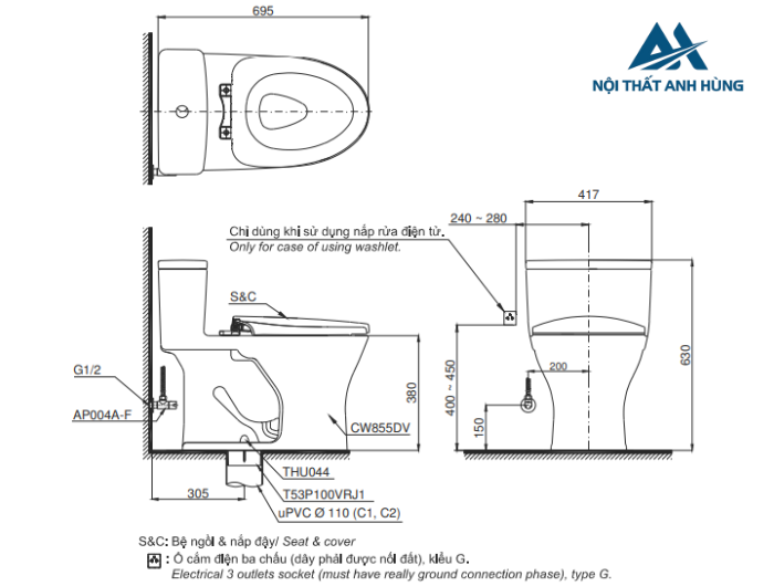 Bồn cầu 1 khối TOTO MS855DT2 nắp đóng êm TC393VS
