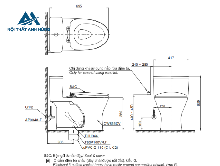 Bồn cầu 1 khối TOTO MS855DT8 nắp đóng êm TC600VS