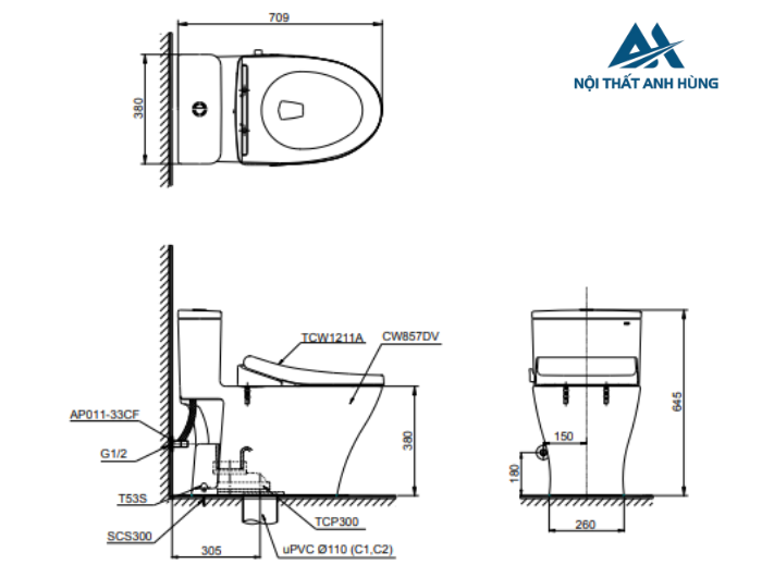 Bồn cầu 1 khối TOTO MS857DE4 nắp rửa cơ TCW1211A