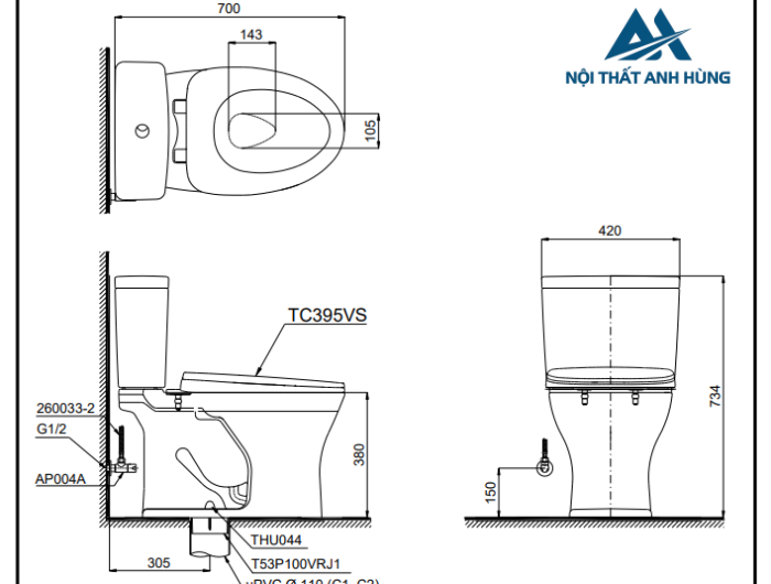 Bồn cầu 2 khối TOTO CS735DT10 nắp đóng êm TC395VS