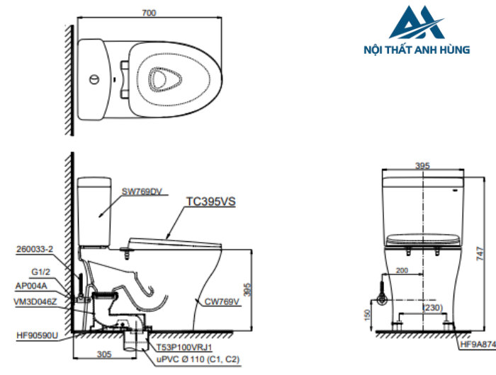 Bồn cầu 2 khối TOTO CS769DRT10 nắp đóng êm TC395VS
