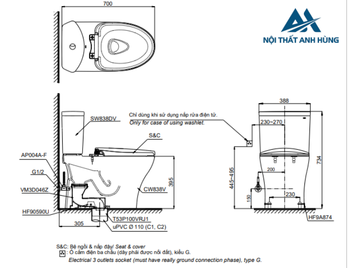 Bồn cầu 2 khối TOTO CS838DT10 nắp đóng êm TC395VS
