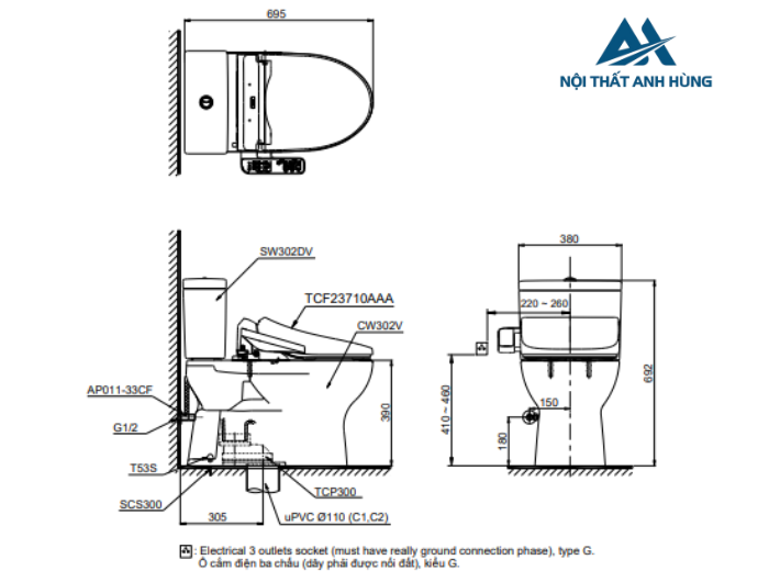 Bồn cầu TOTO CS302DW18 2 khối nắp điện tử TCF23710AAA