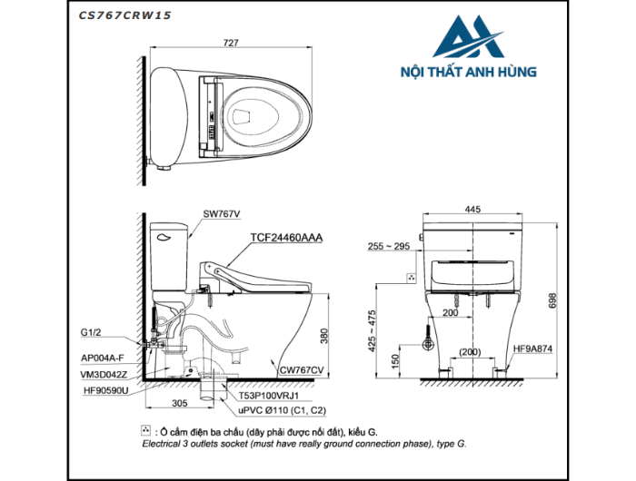 Bồn cầu TOTO CS767CRW15 2 khối nắp điện tử Washlet C5
