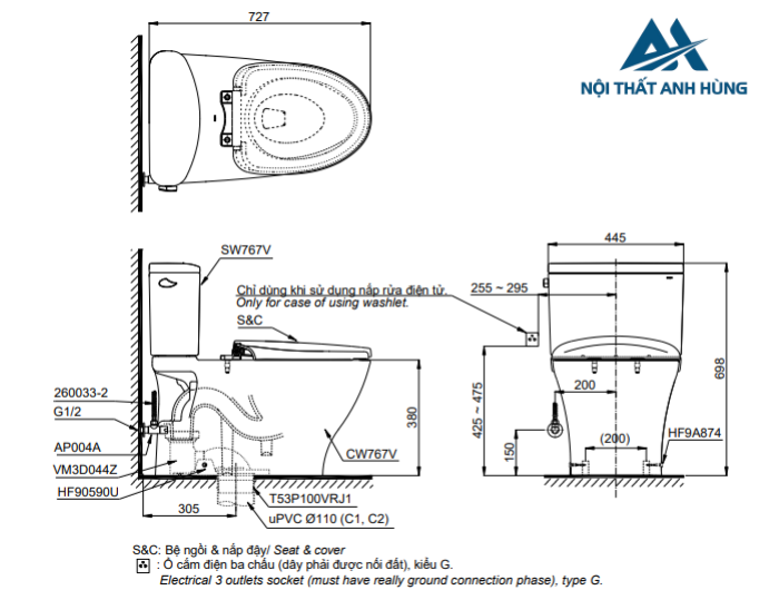 Bồn cầu TOTO CS767RE4 2 khối nắp rửa cơ TCW1211A