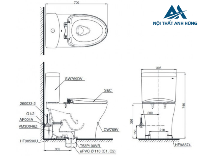 Bồn cầu TOTO CS769DRW18 2 khối nắp điện tử TCF23710AAA