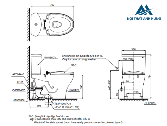Bồn cầu TOTO CS838DE4 2 khối nắp rửa cơ TCW1211A