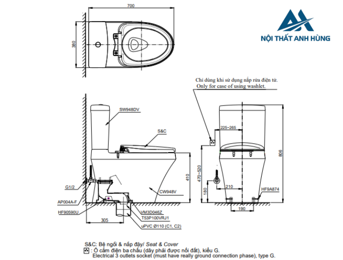Bồn cầu TOTO CS948DE2 2 khối nắp rửa cơ TCW07S
