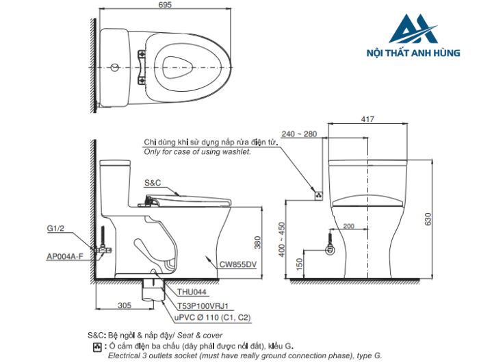 Bồn cầu TOTO MS855DE2 1 khối nắp rửa cơ TCW07S