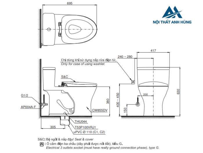 Bồn cầu TOTO MS855DW14 1 khối nắp điện tử Washlet