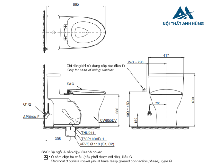 Bồn cầu TOTO MS855DW16 1 khối nắp điện tử Washlet