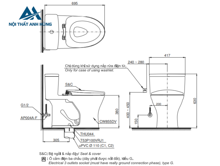 Bồn cầu TOTO MS855DW18 1 khối nắp điện tử Washlet