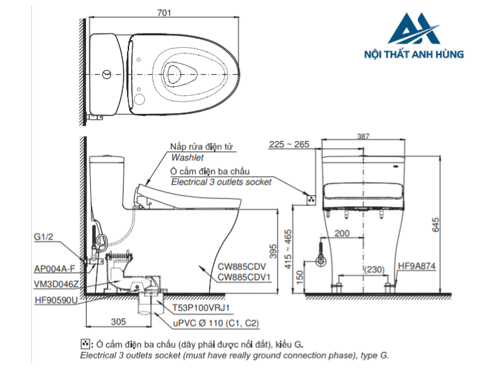 Bồn cầu TOTO MS885CDW12 1 khối nắp điện tử Washlet
