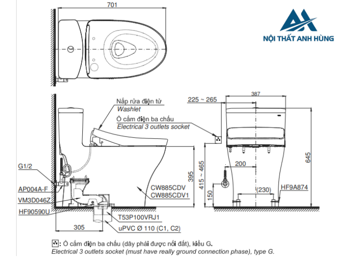 Bồn cầu TOTO MS885CDW15 1 khối nắp điện tử Washlet