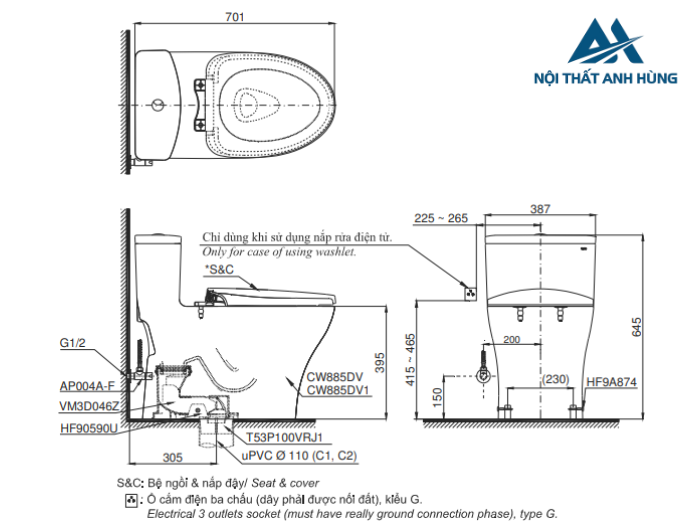 Bồn cầu TOTO MS885DW11 1 khối nắp điện tử Washlet