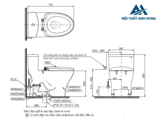 Bồn cầu TOTO MS885DW14 1 khối nắp điện tử Washlet