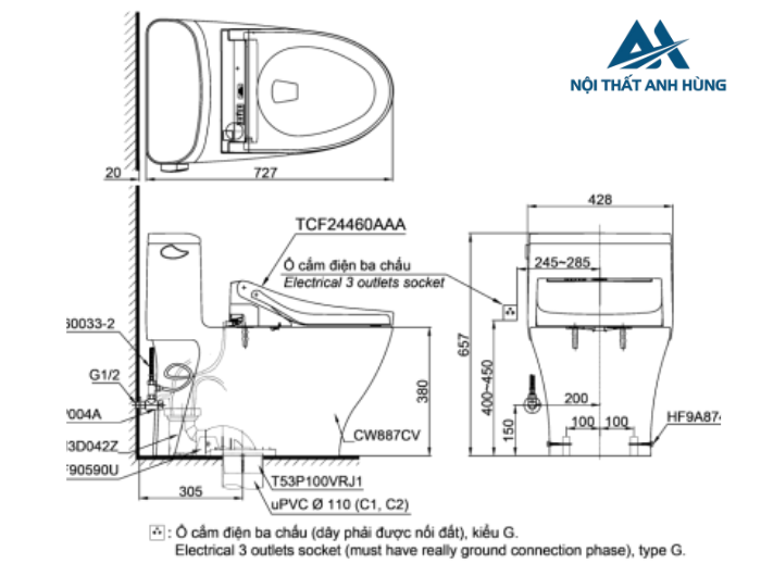 Bồn cầu TOTO MS887CRW15 1 khối nắp điện tử Washlet