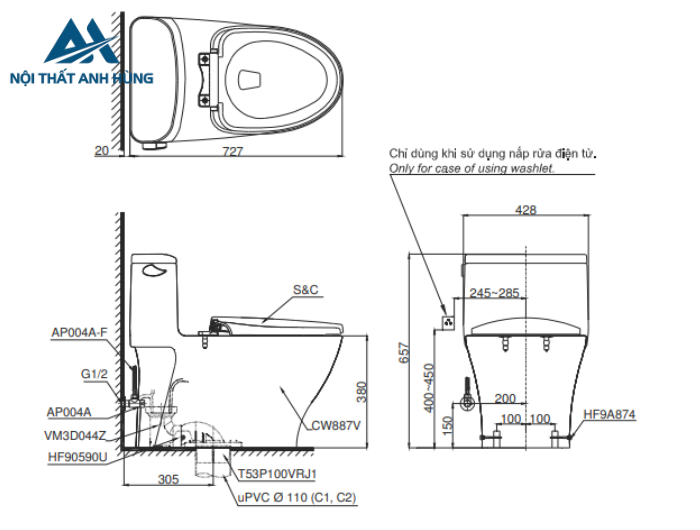 Thông số kỹ thuật Bồn cầu TOTO MS887RW14 1 khối nắp điện tử Washlet: