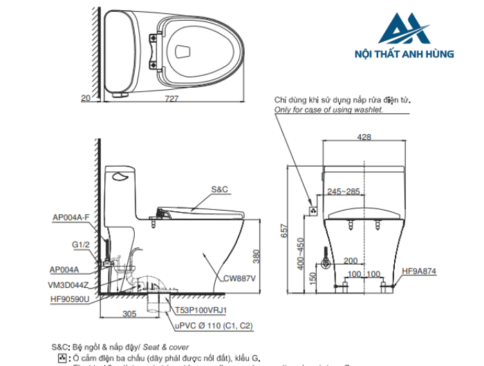 Bồn cầu TOTO MS887RW16 1 khối nắp điện tử