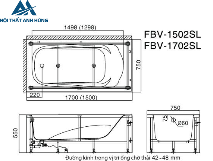 Bồn Tắm Inax FBV-1502SR Chân Yếm Phải 1.5 Mét