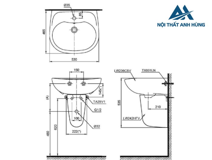Chậu lavabo treo tường TOTO LHT236CS chân lửng